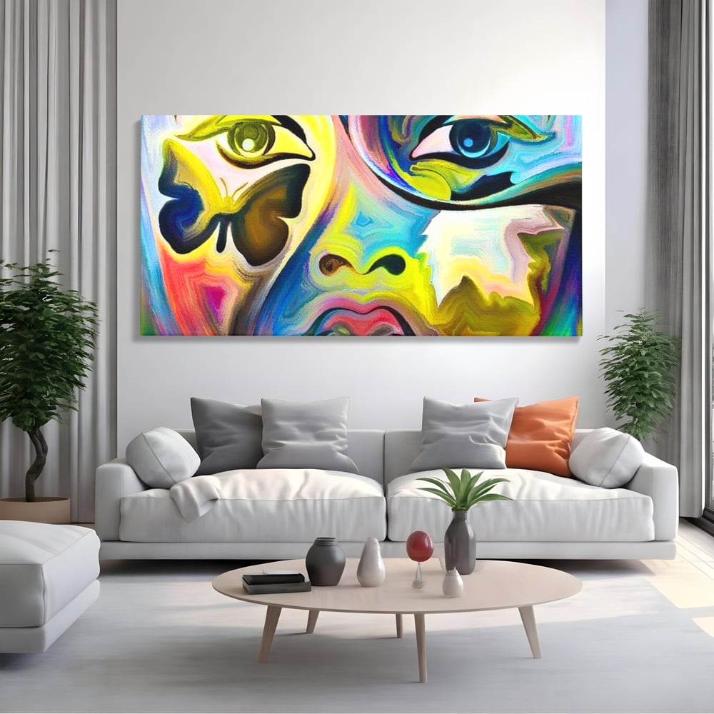 Tablou canvas cu tablou canvas cu chip abstract si fluture, fara rama, pe sasiu de lemn, pe perete intr-un living
